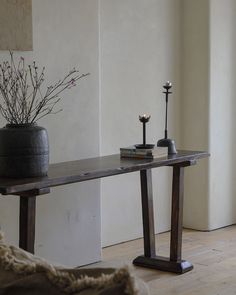 Elm Trapezoid Console Table with candles and vase decor Old Wood Table, Unique Console Table, Porch Table, Entrance Table, Woven Chair, Black Coffee Tables, Table Lamp Wood, Candle Tray, Table Stool