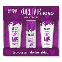 Curl Talk To Go Mini Styling Kit - CURL TALK TO GO MINI STYLING KITFeaturesControls frizzEnhances and defines curlsSafe for color-treated hairFor all curl typesCitrus jasmine scentFormulated WithoutSulfatesSiliconesParabensDrying alcoholGlutenCruelty freeIncludesCurl Talk Frizz Control Sculpting Gel (2.0 oz): Lock your look in place with a firm, flake-free, flexible holdCurl Talk Curl Activating Mousse (2.0 oz): Keeps curls beautifully defined with a light, touchable holdCurl Talk Defining Cream Curl Talk, Not Your Mothers, Low Porosity Hair Products, Hair Kit, Long Lasting Curls, Curl Cream, Types Of Curls, Frizz Control, Perfect Curls