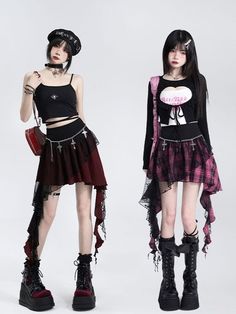 Lace Panel Irregular Hem Plaid Skirt Black and Red/Black and Pink Black Festival Outfit, Pink Music, Rockstar Gf, Goth Clothing, Check Skirt, Music Festival Outfits, Concert Outfits, Half Skirt