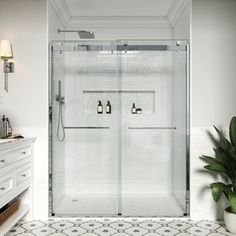 a bathroom with a walk in shower next to a sink