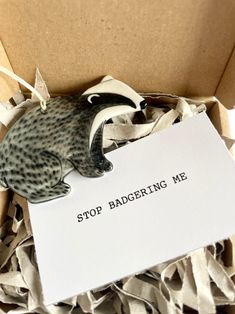 an ornament in a box that says stop badgering me on the tag