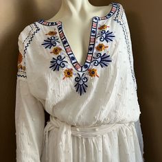 New With Tag Women Size Xl By Anthropologie Boho Embroidered Detail On Neckline, Hem And Sleeves. Waist Smocked With Belt. Lined Questions? Leave A Comment Below! White V-neck Embroidered Dress For Festival, White Embroidered Tunic Dress For Spring, White Tunic Dress With Floral Embroidery, White Floral Embroidered Tunic Dress, Casual White Embroidered Long Sleeve Dress, Casual White Embroidered Dress With Long Sleeves, Casual White Long Sleeve Embroidered Dress, White Embroidered V-neck Dress For Festival, White V-neck Embroidered Dress For Brunch