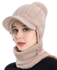 PRICES MAY VARY. Material: This one piece women winter beanie hat scarf set is made of high quality warm and soft polyester shepra, Keep you head warm and soft. Size: One size fits most, drawstring closure, warm women cable knitted fleece hat, scarf covers your ears and face to protect against cold winds, lightweight ,not too bulky or heavy but extra warmer. Fashion and one piece women winter fleece beanie scarf set, soft fleece lining, classic style and design, matched your down coat or other o Knit Balaclava, Ski Cap, Fleece Hat, Winter Knit Hats, Head Wear, Ski Hats, Winter Pullover, Circle Scarf, Winter Hats Beanie