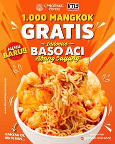 an advertisement for a restaurant called gratis bassoaci with noodles and sauce