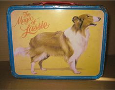 an old tin lunch box with a dog on it's side and the words, the magic of lassie