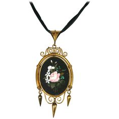 Large Victorian Pietra Dura Locket Pendant from the mid 19th Century set in 18K gold with higher karat gold bloom. Lovely scrolled frame mounting with Etruscan bale with twisted wire decoration. Removeable glass panel on back for photo. Wonderful choice of stones to produce shaded dimension within the intarsia design of the bouquet. Excellent condition. 1860's UK. 3.25" x 1.5". Dog Locket, Jewelry Locket, Diamond Locket, Micro Mosaic Jewelry, Victorian Frame, Gothic Pendant, Book Locket, Jewelry Pendants, Gold Cross Pendant