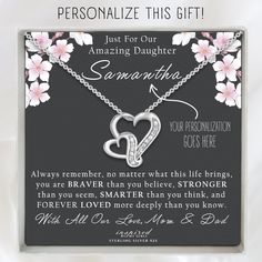 A GIFT WITH LOVE AND MEANING: The bond between a Mother, Father and Daughter is unique and forever. Let your amazing Daughter know just how much that bond means to you. Birthday, Christmas, any special occasion, or simply because she is wonderful, this necklace and keepsake card will make a gift she will cherish. ONLY THE BEST QUALITY FOR YOUR DAUGHTER: This connected hearts pendant is made from solid Sterling Silver 925, accented with flawless cubic zirconia stones, and is the perfect size at 0.7 x 0.8 inches (18.6 x 21.1mm). The chain is solid sterling silver 925 and made to last. This necklace is lead free, nickel free and hypoallergenic - so will not make your skin red or itch.  THE ADJUSTABLE STERLING SILVER CHAIN: These lovely pendants come with an infinitely adjustable, up to 22 inc Mother Father And Daughter, Amazing Daughter, Connected Hearts, Decorated Gift Bags, Father And Daughter, Moving Gifts, Daughter Necklace, Gift For Daughter, Double Heart