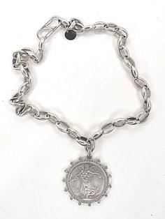 French Coin Pendant Necklace With Rhinestone Bezel Setting Vintage Metal Medallion Necklace With Coin Pendant, Victorian Style Medallion Coin Pendant Jewelry, Vintage Metal Coin Pendant Necklace, Antique Coin Necklace In Metal, Antique Coin Necklace Made Of Metal, Vintage Metal Coin Necklace With Round Pendant, Vintage Medallion Coin Pendant Jewelry, Silver Necklaces With Coin Pendant For Vintage Collection, Antique Medallion Jewelry With Coin Pendant