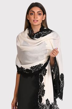 Ivory Silk And Wool Scarf With A Black Floral Lace Border Elegant Shawl Scarf With Intricate Embroidery, Elegant Black Pashmina Shawl With Embroidered Border, Elegant Shawl Scarf With Lace Trim, Luxury Black Shawl With Floral Embroidery, Black Embroidered Silk Shawl, Black And Blue Wallpaper, Ivory Silk, Lace Scarf, Lace Border