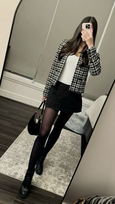 Tweed Jacket Outfit Skirt, Plaid Suit Jacket Outfits For Women, Women’s Blazer Outfit With Skirt, Tweed Outfit Black Women, Plaid Vest Outfits, Black Tweed Skirt Outfit, Tweed Jacket Outfit Women, Moto Jacket Outfit Casual, Office Skirt Outfits Women