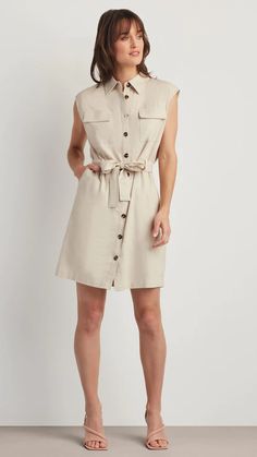 LINEN BLEND SHIRT DRESS – Ellen Tracy Linen Tshirt, Utility Dress, Chic Evening Dress, Sleeveless Shirt Dress, Elegant Feminine, Jewelry Lookbook, Ellen Tracy, Button Dress, Linen Dresses