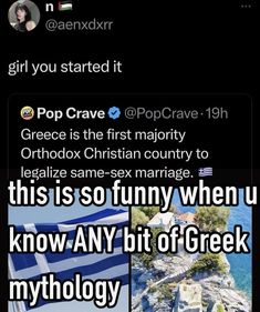 the greek flag is flying in front of an island and text reads, girl you started it