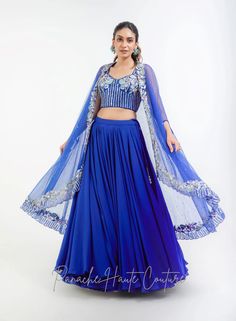 Royal Blue Color Skirt with Crop Top – Panache Haute Couture Stone Work Embroidery, Western Gowns, Raw Silk Blouse, Indo Western Gown, Georgette Skirt, Long Cape, Curated Outfit, Add Sleeves, Fabric Skirt