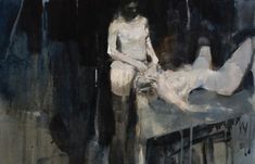 a painting of a person laying on a bed with another person standing next to him