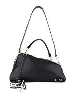 a black handbag with the word glse on it and gold hardwares