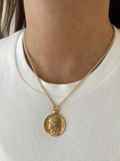 14k gold filled chain, 18in with vintage gold coin Cheap Round Pendant Coin Necklace For Gift, Gold Coin Pendant Necklace, Gold Plated Coin Pendant Necklace, Vintage Brass Coin Necklace, Tarnish Resistant, Vintage Brass Coin Necklace Tarnish Resistant, Vintage Brass Medallion Necklace Tarnish Resistant, Vintage Tarnish Resistant Medallion Necklace, Gold Medallion Coin Necklace With Figaro Chain, Vintage Round Coin Necklace With Adjustable Chain