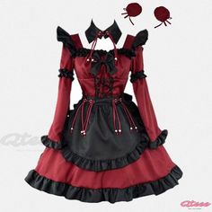 Qteee - Gothic Lolita Cosplay Maid Dress with Devil-inspired Design Gothic Cosplay Costume With Ruffles, Red Long Sleeve Harajuku Dress, Harajuku Style Red Long Sleeve Dress, Fitted Cosplay Costume With Ruffles For Halloween, Red Harajuku Dress For Halloween, Red Harajuku Style Dress For Halloween, Red Harajuku Style Dress For Costume Party, Harajuku Style Red Dress For Costume Party, Gothic Cosplay Costume With Ruffles For Party