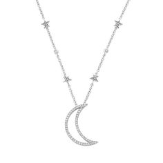 Adorned with scintillating, round-cut diamonds, this sterling silver moon and star necklace takes your look to new heights. Adorned with scintillating, round-cut diamonds, this sterling silver moon and star necklace takes your look to new heights. Metal: sterling silver Chain length: 18 in. Drop length: 1/2 in. Packaging: boxed Plating: rhodium Finish: polished Chain type: cableDIAMOND DETAILS Total weight: 1/5 ct. Shape: round Setting: micro pave Gemstones may have been treated to enhance their Silver Moon Necklace With Diamond Accents, Silver Round Celestial Diamond Necklace, Silver Celestial Round Diamond Necklace, Celestial Silver Round Diamond Necklace, Silver Celestial Diamond Necklace, Moon Star Pendant, Moon And Star Necklace, Star Pendant Necklace, Moon And Star