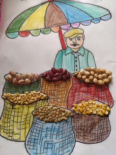 a drawing of a man holding an umbrella next to baskets filled with peanuts and corn