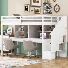 a white loft bed with desk underneath it