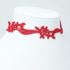 Red Lace Choker with Floral Lace Trendy Red Choker Necklace, Red Necklaces For Summer Festival, Red Necklace For Summer Festivals, Summer Festival Red Necklaces, Red Jewelry Spring Gift, Red Jewelry For Spring Gift, Red Flower-shaped Jewelry For Spring, Trendy Red Party Choker, Red Choker Jewelry For Valentine's Day