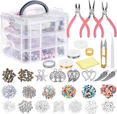 various crafting supplies including scissors, beads, and other items in a plastic container