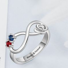 Personalized Infinity Promise Ring For Women has an infinity shape in the center along with two hearts knotted each other in a way symbolizing promise, making it a perfect promise ring for women. It also has two birth stones on it and a personalized message can be engraved inside the ring. Features: Color: Silver Material: Silver Style: Personalized Size: Available Size: US - 5/6/7/8/9 Weight: 2g Size Chart: Size Circumference(mm) UK,Europe & Australia CN/SG/JP Switzerland 5 49.3 J 1/2 9 9 6 51. Birth Stones, J 1, Heart Knot, Silver Style, Two Hearts, Always And Forever, Silver Material, Ring For Women, Promise Ring