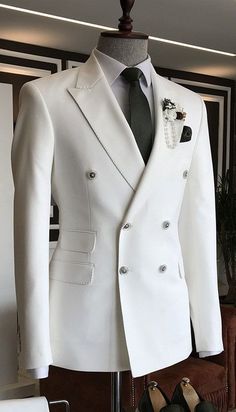 Elegant White Slim Fit Three-piece Suit, White Slim Fit Elegant Three-piece Suit, White Three-piece Wedding Suit, White Slim Fit Three-piece Suit For Formal Occasions, Double-breasted Wedding Tuxedo, White Slim Fit Suit For Groom, Double-breasted Wedding Tuxedo In Suiting Fabric, White Fitted Double Breasted Suit With Notch Lapel, Double-breasted Suiting Fabric Tuxedo For Wedding