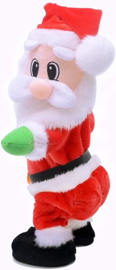 a stuffed santa clause holding a green object