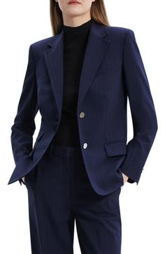 Smooth and sleek metal buttons punctuate the front of a sophisticated blazer cut from rich virgin wool with a bit of stretch. Front button closure Notched lapels Chest welt pocket; front flap pockets Lined 97% virgin wool, 3% Lycra® spandex Dry clean Imported Tailored Single Button Navy Blazer, Blue Wool Blazer With Button Closure, Semi-formal Wool Blazer With Welt Pockets, Navy Wool Blazer With Button Closure, Blue Button-up Blazer With Welt Pockets, Nordstrom Store, Metal Buttons, Anniversary Sale, Flap Pocket