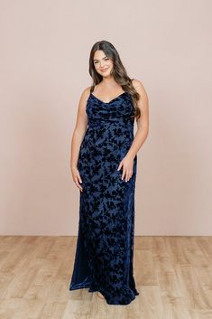 Model: Claire; Size: 14; Color: Navy Tiki Wedding, Wedding Parties Colors, Burnout Velvet Dress, Formal Wedding Guest Dress, Burnout Velvet, Guest Attire, Bridesmaid Dress Colors, Wedding Attire Guest, Dress Silhouette