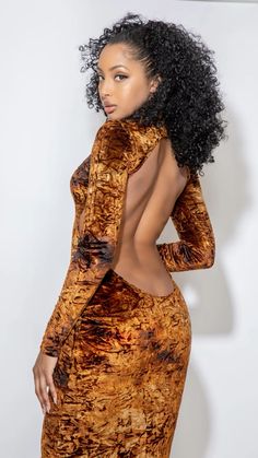 Golden brown Crushed Velvet backless open back long sleeves dress. Fitted Backless Party Dress With Cowl Back, Velvet Bodycon Dress For Night Out, High Neck Backless Dress For Night Out, Glamorous Velvet Bodycon Dress For Night Out, Backless Brown Mini Dress For Party, Velvet Dresses For Club, Fitted Velvet Club Dresses, Velvet Backless Evening Dress, Evening Velvet Backless Dress