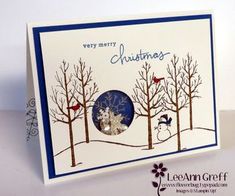 a christmas card with snowman and trees