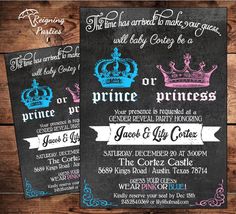 two black and pink princess birthday party cards with crowns on the front, one in blue and