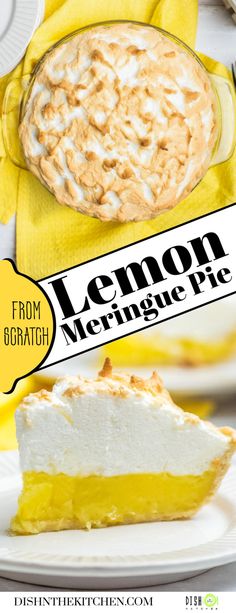 lemon meringue pie on a plate with the title