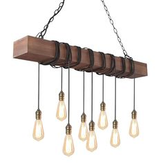 a wooden light fixture with five bulbs hanging from it's center and six lights on each side