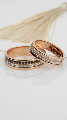 gold wedding rings set Elegant Black Bands For Anniversary, Elegant Black Anniversary Bands, Elegant Black Wedding Bands, Elegant Black Couple Rings For Anniversary, Wedding Diamond Ring With Black Diamonds, Rose Gold Rings With Black Diamonds For Anniversary, Wedding Rings With Black Diamonds, Engagement Moments, Unique Wedding Band Sets