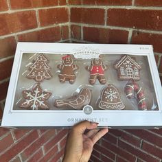 a person holding up a box of decorated gingerbread cut - out cookies in front of a brick wall