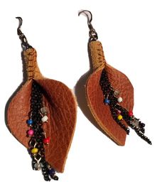 Handmade Earrings:Pierced Dangle Stitched Leather Lilly; Multi Color Beads & Black Metal Chain;Boho;Hippie. Fun! Shipped with USPS First Class Package. NEW Beaded Leather Earrings, Fiber Art Jewelry, Leather Jewellery, Color Beads, Handcrafted Artisan Jewelry, Bead Leather, Stitching Leather, Studio Space, Leather Earrings