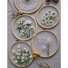 four embroidery hoops with white flowers on them and some scissors next to each other