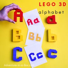 lego alphabet letters and numbers made out of plastic blocks on a yellow background with hands