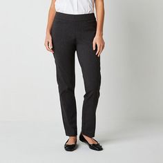 Liz Claiborne designed this pair of women's pull-on trousers to give you a sleek silhouette. They are cut for a straight-fit in a mid-rise with straight legs from a woven stretch fabric with a smooth elastic waistband. Wear yours with a blouse and heeled sandals.Front Style: Flat FrontFeatures: Stretch FabricClosure Type: Full Elastic, Pull OnConcerns: Tummy SolutionsFit: Straight FitPockets: 2 Side Slip Pockets, 2 Back Slip PocketsRise: Mid RiseFiber Content: 75% Rayon, 22% Nylon, 3% SpandexFab Business Casual Straight Dress Pants With Pull-on Style, Comfort Stretch Dress Pants For Workwear, Comfort Stretch Straight Dress Pants For Work, Straight Leg Workwear Leggings, Comfort Stretch Straight Leg Work Bottoms, Workwear Straight Leg Leggings With Elastic Waistband, Office Dress Pants With Elastic Waistband And Straight Leg, Straight Leg Dress Pants With Elastic Waistband For Office, Comfort Stretch Straight Leg Bottoms For Work