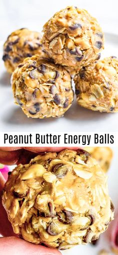 peanut butter energy balls are stacked on top of each other