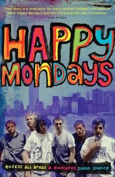 the poster for happy monday's is displayed in front of a cityscape