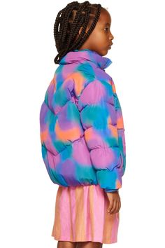 Kids Multicolor Puffer Coat by Repose AMS on Sale Chest Stand, Color Blur, Blue Hand, Graphic Patterns, Knit Cuff, Puffer Coat, Long Coat, Logo Embroidered, Welt Pockets