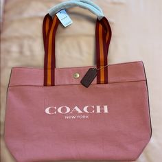 Beautiful Brand New Large Coach Purse Pink Shoulder Bag With Dust Bag For Travel, Pink Tote Shoulder Bag With Dust Bag, Pink Canvas Bag For Errands, Pink Shoulder Bag For Shopping, Pink Coach Shoulder Bag For Daily Use, Daily Use Coach Canvas Bags, Pink Coach Bags With Leather Handles, Coach Canvas Tote Bag, Chic Coach Pink Bags