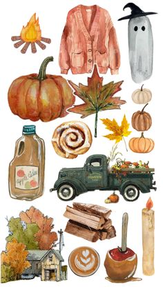 watercolor fall illustration with pumpkins, leaves, and other items