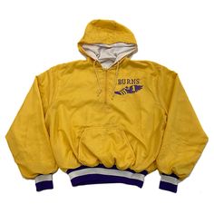 Vintage DeLong brand Burns Cross Country jacket. Shell: 100% nylon. Lining: 100% polyester. Mens (L) Winter Nylon Outerwear For Sports Events, Retro Hooded College Windbreaker, Hooded Windbreaker For Fall Sports Events, Hooded Windbreaker For Sports Events In Fall, Hooded Fall Windbreaker For Sports Events, Long Sleeve Outerwear With Drawstring Hood For Sports Events, Hooded College Windbreaker With Pockets, Nylon Long Sleeve Windbreaker For Sports Events, Hooded Windbreaker With Pockets For College