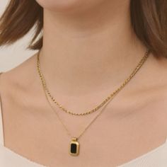 "Black Onyx Double Layer Chain Necklace - Featuring a Double Layer Chain Necklace, simple and great for any occasion - Length: Chain: 15.5\", Black Onyx: 17\", + 2.25\" Extender - Base Material: High Quality Stainless Steel - Finish: 18K Gold - Nickel Free and Tarnish Free - All our jewelry is packaged in gift ready boxes. If you would like multiple items from your order packaged separately please let us know! © 2023 Generation of Daughters" Black Pendant Charm Necklace With Chain, Black Charm Necklaces With Chain For Gift, Black Necklace With Adjustable Chain And Rectangular Pendant, Black Pendant Chain Necklace Gift, Everyday Black Pendant Chain Necklace, Black Pendant Charm Necklace With Adjustable Chain, Everyday Black Clavicle Chain Necklace, Black Everyday Chain Necklace, Everyday Black Chain Necklace