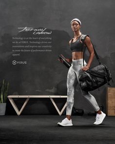 a woman in grey sports bra and white leggings is holding a gym bag